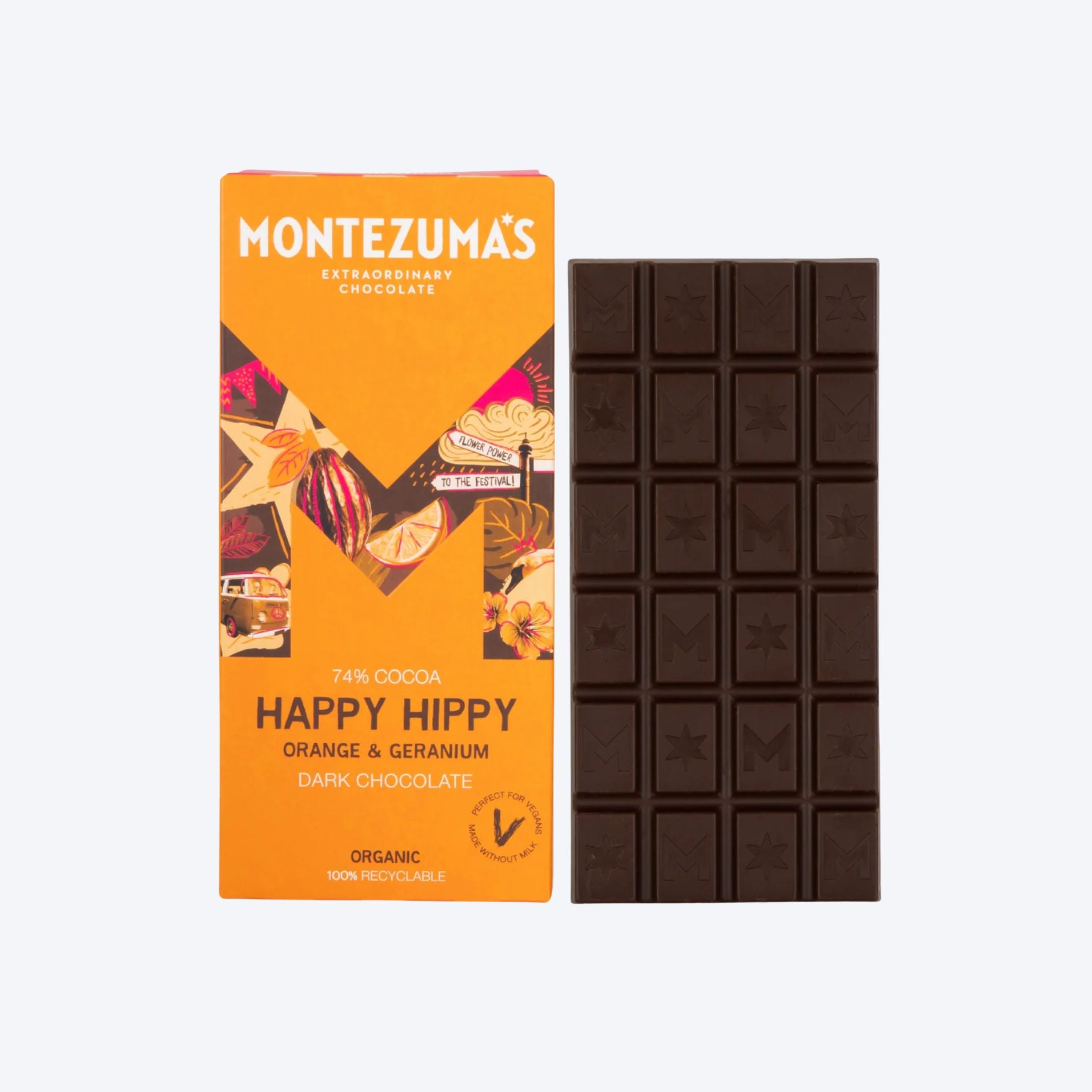 Montezuma's Happy Hippy Orange & Geranium Dark Chocolate 74%    90g