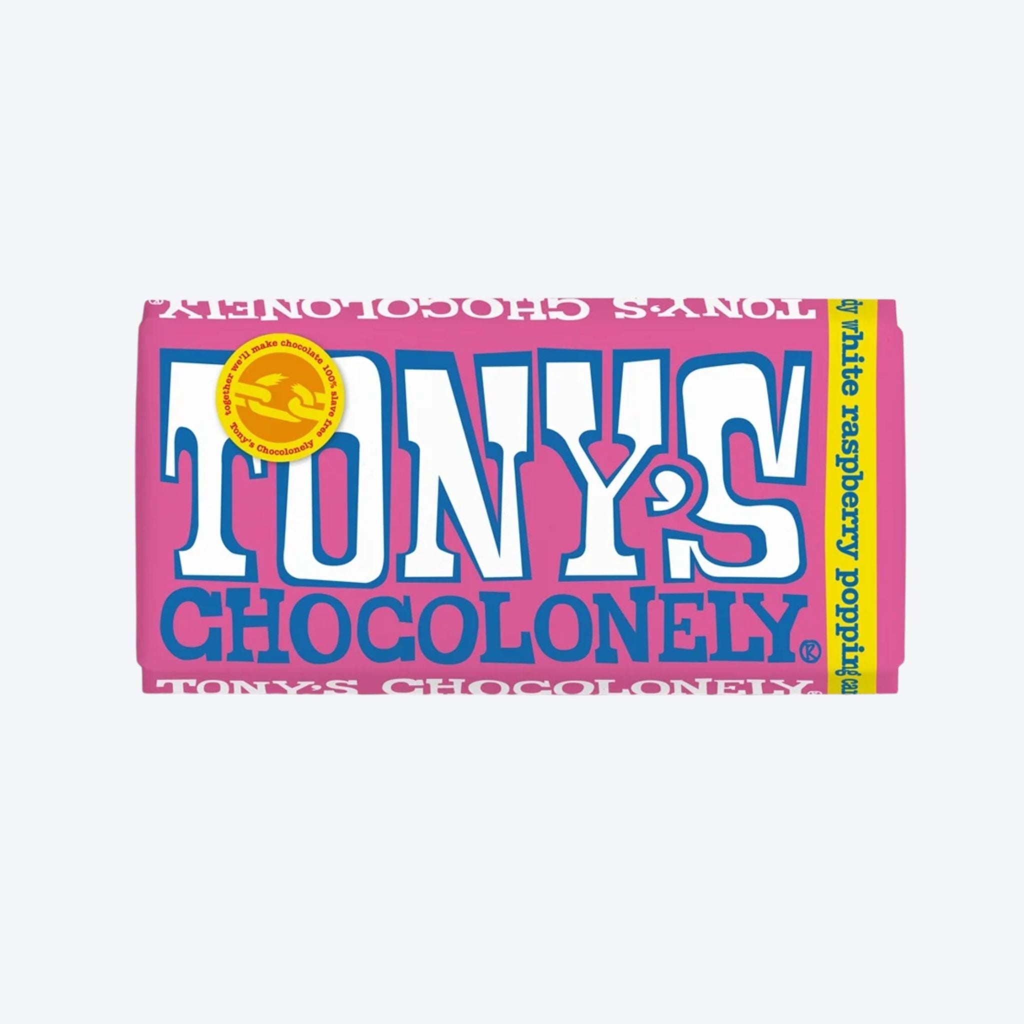 Tony's Chocolonely Milk Choc, Raspberry & Popping Candy 180g Bar