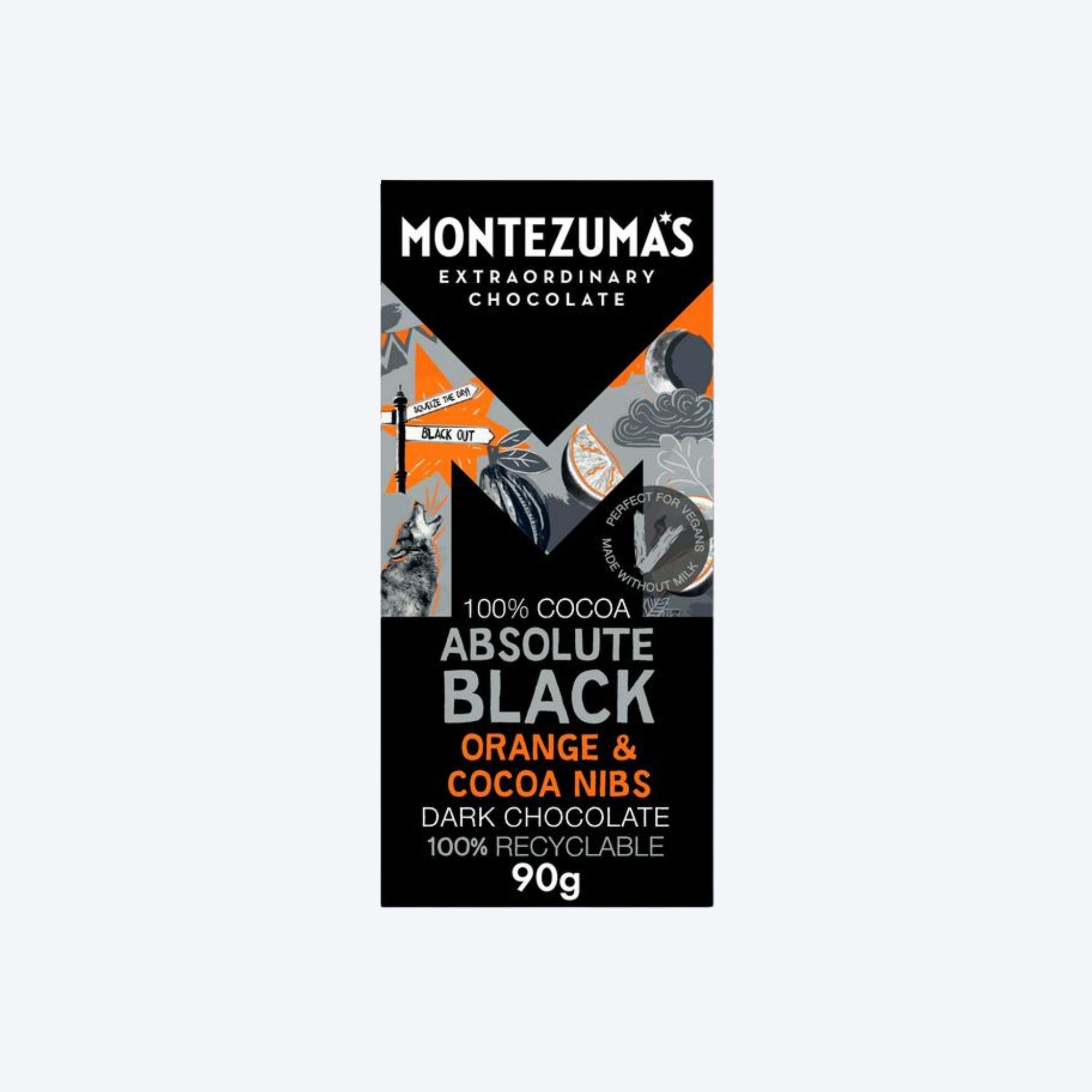 Montezuma's Absolute Black Orange & Cocoa Nibs Chocolate (100% Cocoa) - 90g